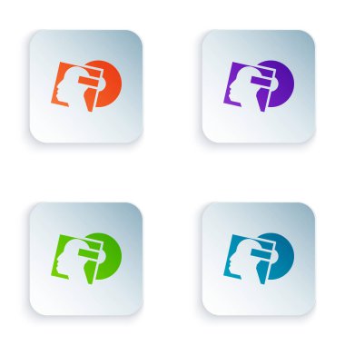 Beyaz arkaplanda izole edilmiş renkli vinil disk simgesi. Kare düğmelere renkli simgeleri yerleştir. Vektör.