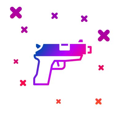 Beyaz arkaplanda izole edilmiş renkli tabanca veya silah simgesi. Polis ya da askeri silah. Küçük ateşli silah. Kademeli rastgele dinamik şekiller. Vektör.