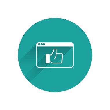 Beyaz Tüketici veya müşteri ürün değerlendirme simgesi uzun gölgeli izole edilmiş. Yeşil daire düğmesi. Vektör.