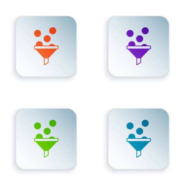 Renk Yönetimi simgesi beyaz arkaplanda izole edildi. Paralı huni. Hedef müşteri iş konsepti. Kare düğmelere renkli simgeleri yerleştir. Vektör.