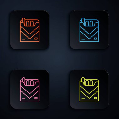Renkli neon çizgisi Sigara paket kutusu simgesi siyah arkaplanda izole edildi. Sigara paketleri. Kare düğmelere simgeleri yerleştir. Vektör.