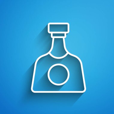 Mavi arka planda beyaz çizgi tekila şişesi ikonu var. Meksika alkolü. Uzun gölge. Vektör.