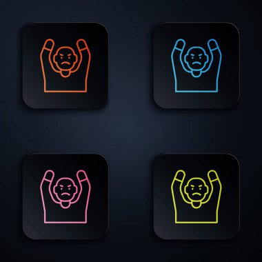 Renkli neon hattı Hırsızı kara arka planda izole edilmiş bir şekilde ellerini havaya kaldırıyor. İki eli havada teslim olan bir adam. Kare düğmelere simgeleri yerleştir. Vektör.