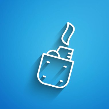 Mavi arkaplanda beyaz çizgi aydınlatma simgesi izole edildi. Uzun gölge. Vektör.