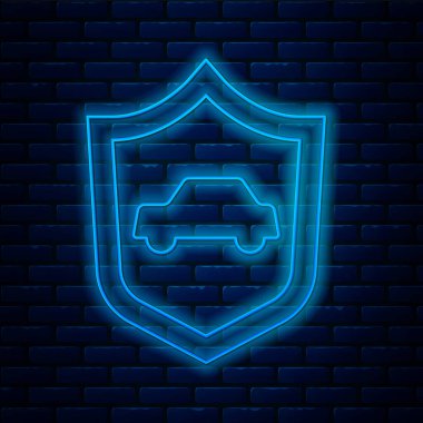 Kalkan simgesi tuğla duvar arkasında izole edilmiş parlak neon çizgili araba. Sigorta konsepti. Güvenlik, güvenlik, koruma, konsept koruma. Vektör.