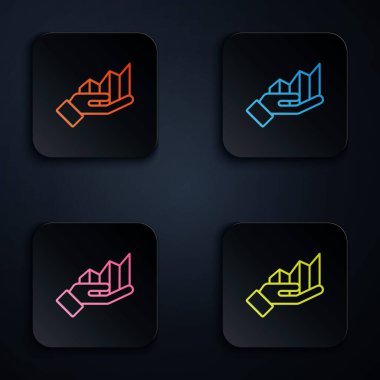 Renkli neon çizgisi grafiksel bilgi simgesi siyah arkaplanda izole edildi. Diyagram çizelgesi. Kare düğmelere simgeleri yerleştir. Vektör.