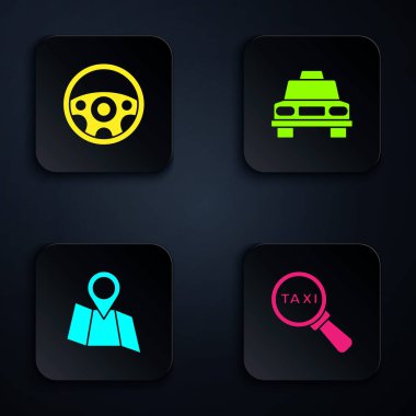 Büyüteç ve taksi, direksiyon, konumu ve taksiyi gösteren katlanmış harita. Siyah kare düğme. Vektör
