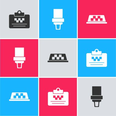 Taksi ehliyeti, emniyet kemeri ve arabanın çatı simgesini ayarla. Vektör