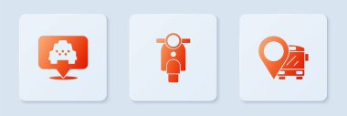 Scooter 'ı ayarlayın, taksi ve otobüslü konum. Beyaz kare düğme. Vektör