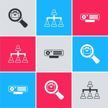 Çantalı büyüteç, hiyerarşi organogram şeması ve web kamera simgesini ayarla. Vektör