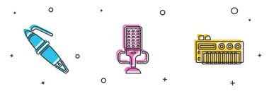 Fıskiye ucu, mikrofon ve müzik sentezleyici simgesini ayarla. Vektör