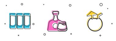 Shot bardağı, viski şişesi ve hindistan cevizi kokteyli ikonu. Vektör