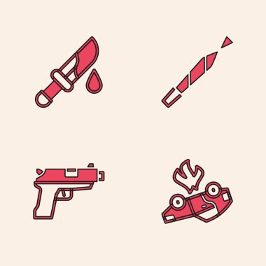 Yanan araba, kanlı bıçak, marihuana sarması, tabanca ya da silah ikonu. Vektör