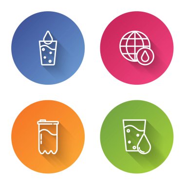 Camları suyla doldurun, Dünya gezegenini damlatın, su filtresi kartuşu ve. Renkli daire düğmesi. Vektör