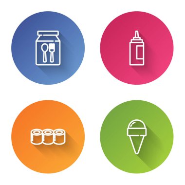 İnternetten sipariş ve teslimat et, sos şişesi, suşi ve dondurma külahı. Renkli daire düğmesi. Vektör