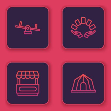 Seesaw hattı, Fast Street yemek arabası, el ele oyun kartları ve sirk çadırı. Mavi kare düğme. Vektör