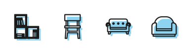 Sıra Kanepe, kitaplı raf, Sandalye ve Kol Koltuğu ikonu. Vektör