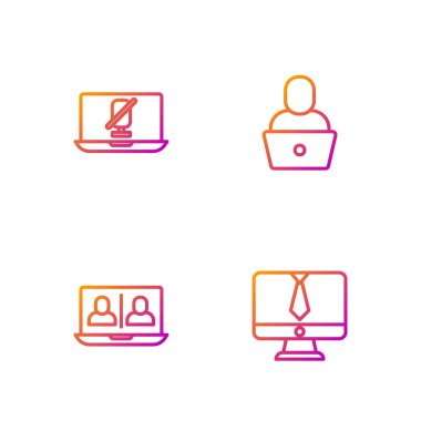 Görüntülü sohbet konferansı, sessiz mikrofon dizüstü bilgisayarı ve Freelancer ayarlayın. Renk simgeleri. Vektör