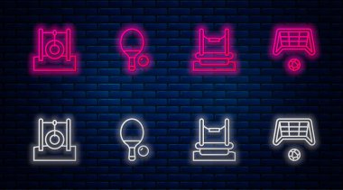 Çizgi, raket ve top, Bungee, ipte asılı duran araba lastiği ve futbol golü. Tuğla duvarda parlayan neon simgesi. Vektör