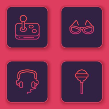 Joystick, kulaklık, gözlük ve lolipop ayarlayın. Mavi kare düğme. Vektör