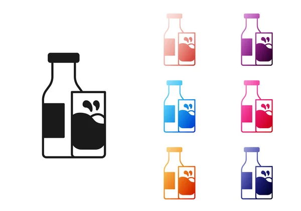 黑色封闭玻璃瓶与牛奶和玻璃图标隔离在白色背景 设置彩色图标 — 图库矢量图片