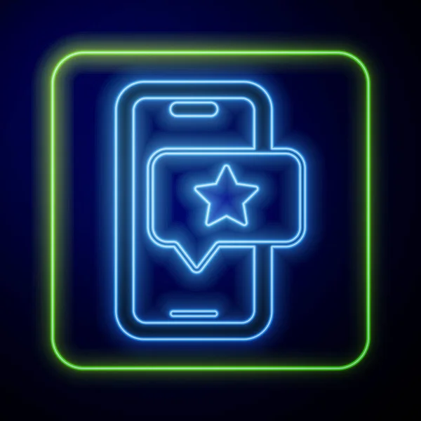 Leuchtendes Neon Handy Mit Bewertungssymbol Isoliert Auf Blauem Hintergrund Konzept — Stockvektor