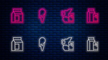 Dondurmayı waffle külahına, sürahi ya da sürahi ve bardağa koyun. Süt ve kefir için kağıt paketi. Tuğla duvarda parlayan neon simgesi. Vektör