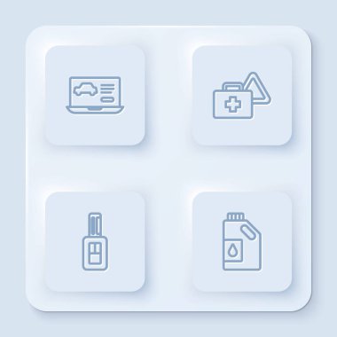 Hattı, arabanın durumunu, ilk yardım çantasını ve uyarı üçgenini uzaktan kumandalı araba anahtarını ve motor yağı için teneke kutuyu ayarla. Beyaz kare düğme. Vektör