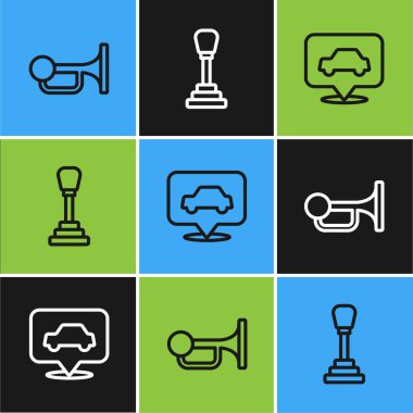 Telefon kornasını araca, araba servisine ve vites kutusu simgesine ayarla. Vektör