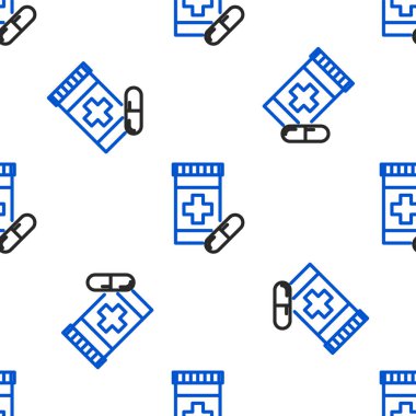 Hat ilacı şişesi ve hap ikonu beyaz arka planda izole edilmiş kusursuz desen. Şişe hapı işareti. Eczane tasarımı. Renkli taslak konsepti. Vektör.