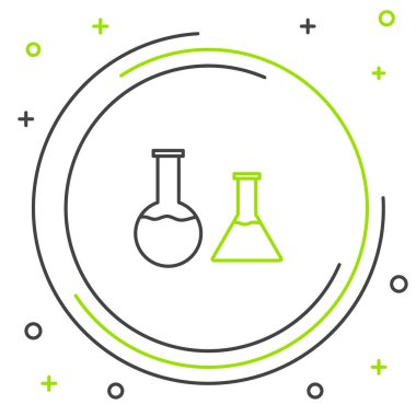 Beyaz arkaplanda çizgi test tüpü ve matara simgesi izole edildi. Kimyasal laboratuvar testi. Laboratuvar camları. Renkli taslak konsepti. Vektör.