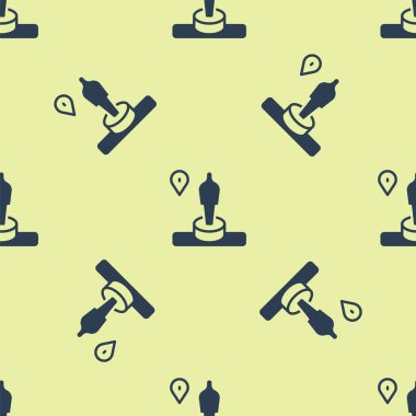 Mavi Harita iğnesi ve anıt simgesi sarı arkaplanda izole edilmiş pürüzsüz desen. Navigasyon, işaret, konum, harita, GPS, yön, yer, pusula, arama konsepti. Vektör.