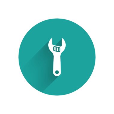 Uzun gölgeli beyaz ayarlanabilir anahtar simgesi izole edildi. Yeşil daire düğmesi. Vektör.