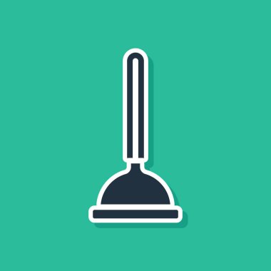 Yeşil arka planda izole edilmiş boru temizleme ikonu için ahşap saplı mavi kauçuk pompa. Tuvalet pompası. Vektör.