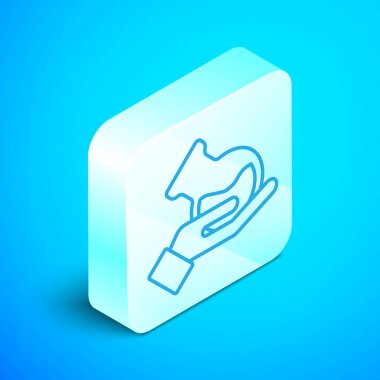 Isometric çizgi Test tüpü ve el ikonu mavi arka planda izole edilmiş matara. Kimyasal laboratuvar testi. Laboratuvar camları. Gümüş kare düğme. Vektör.