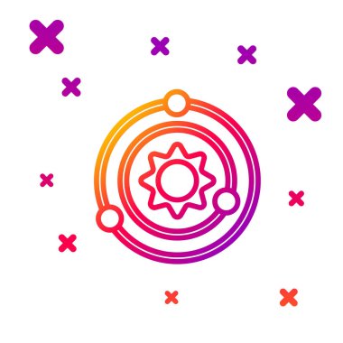 Beyaz arkaplanda izole edilmiş renk çizgisi güneş sistemi simgesi. Gezegenler yıldızın etrafında dönerler. Kademeli rastgele dinamik şekiller. Vektör.