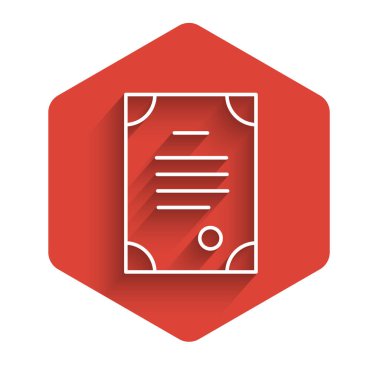 Beyaz çizgi ölüm sertifikası simgesi uzun gölgeli izole edilmiş. Kırmızı altıgen düğmesi. Vektör.