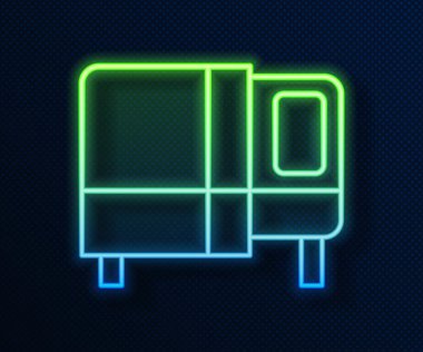 Parlayan neon çizgisi yatak simgesi mavi arkaplanda izole edildi. Vektör.