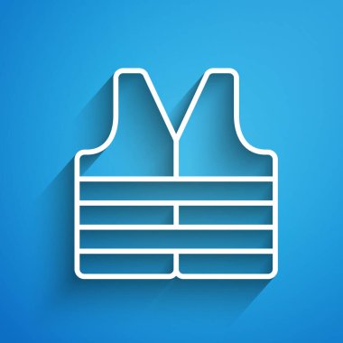 Mavi arka planda beyaz çizgili Can yeleği simgesi izole edildi. Can yeleği ikonu. Olağanüstü bir spor. Spor malzemeleri. Uzun gölge. Vektör.