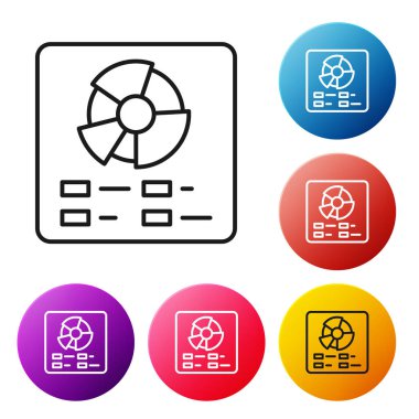 Beyaz arkaplanda siyah çizgi pasta grafiği bilgi simgesi izole edildi. Diyagram çizelgesi. Renkli daire düğmelerini ayarlayın. Vektör.