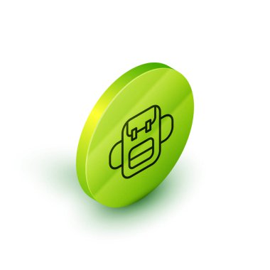 Beyaz arkaplanda Isometric çizgi okul sırt çantası simgesi izole. Yeşil daire düğmesi. Vektör.