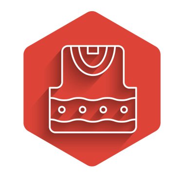 Beyaz çizgili yelek ikonu uzun gölgeli izole edilmiş. Kırmızı altıgen düğmesi. Vektör.