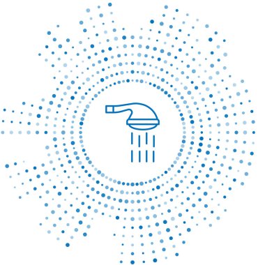 Mavi çizgi duş başlığı beyaz zemin üzerinde su damlaları akan ikon izole. Soyut çember rastgele noktalar. Vektör.