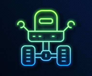 Parlayan neon hattı Mars gezgini ikonu mavi arka planda izole edildi. Uzay aracı. Ay yürüyüşü işareti. Gezegen yüzeyini incelemek için bir cihaz. Vektör.