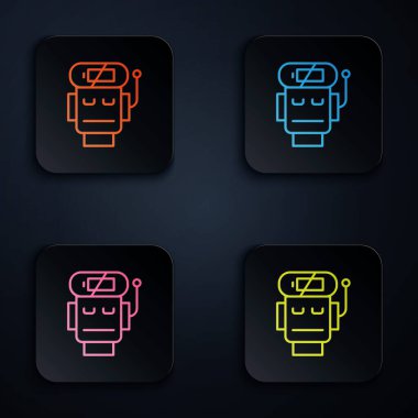 Renkli neon hattı düşük akü şarj ikonu siyah arkaplanda izole edildi. Yapay zeka, makine öğrenme, bulut hesaplama. Kare düğmelere simgeleri yerleştir. Vektör.