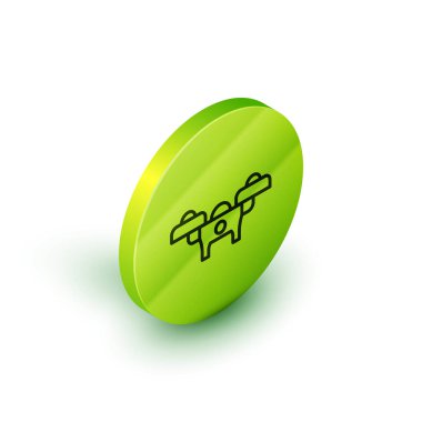 İzometrik çizgi uçan İHA ikonu beyaz arka planda izole edildi. Video ve fotoğraf makinesi sembollü dörtlü helikopter. Yeşil daire düğmesi. Vektör.