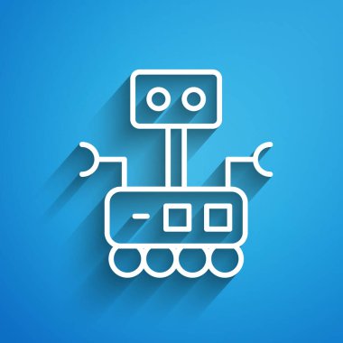 Beyaz çizgi robot simgesi mavi arkaplanda izole edildi. Yapay zeka, makine öğrenme, bulut hesaplama. Uzun gölge. Vektör.