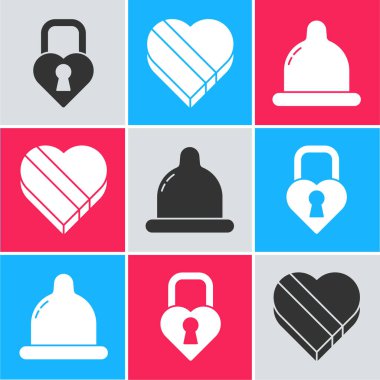 Castle 'ı kalp şeklinde, Candy' yi kalp şeklinde kutuda ve kondom simgesinde ayarla. Vektör.