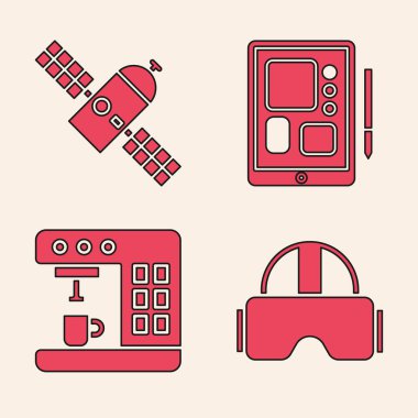 Sanal gerçeklik gözlüklerini, uydu, grafik tableti ve kahve makinesi simgesini ayarla. Vektör.