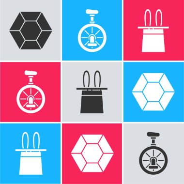 Sihirli Taş, Tekerlekli Bisiklet, Tekerlekli Bisiklet, Sihirbaz şapkası ve tavşan kulağı ikonu. Vektör.